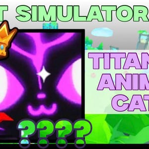 Może przedstawiać: Cyfrowa grafika do gry Pet Simulator 99 przedstawiająca kwadratowego czarnego kota ze świecącymi fioletowymi oczami i wzorami, złotą koronę oraz tekst PET SIMULATOR 99, TITANIC ANIME CAT i cztery znaki zapytania w jaskrawozielonym kolorze.