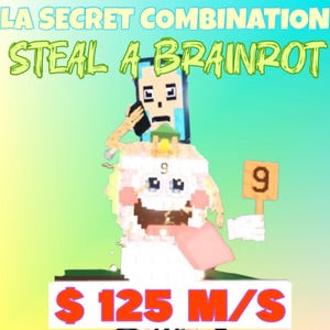 Op de afbeelding: Digitale kunst met de tekst "LA SECRET COMBINATION STEAL A BRAINROT". De afbeelding toont een gepixeld personage aan de telefoon, boven een cake-achtig figuur dat een bord met het nummer 9 vasthoudt.