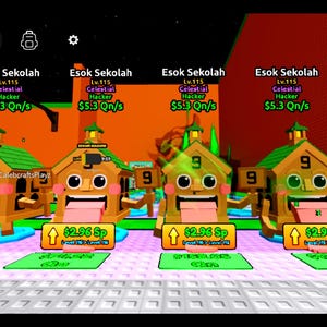 Peut inclure: Capture d'écran d'un jeu vidéo avec des bâtiments de dessins animés souriants avec des langues. Chaque bâtiment a un toit vert et le chiffre "9". Le texte comprend "Esok Sekolah" et "Hacker".