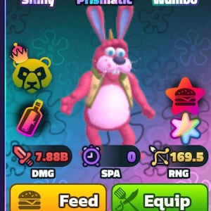 May include: A cartoon-style image featuring a pink rabbit character with blue-tipped ears, wearing a vest. The image includes icons, text, and numerical values for game stats like DMG, SPA, and RNG. The background is a blue gradient.