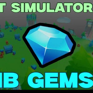 以下が含まれることがあります： 「Pet Simulator 99」というゲームのデジタルグラフィック。黒い縁取りのある大きな青い宝石が特徴です。背景には、木、宝箱、テキスト「1B GEMS」のある緑色の風景が描かれています。ゲームタイトルは上部にあります。