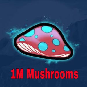 May include: A stylized illustration of a mushroom with a red cap and blue spots, outlined in black. The text "1M Mushrooms" is displayed in red at the bottom, set against a dark blue background.