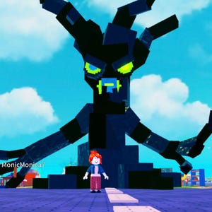 Könnte beinhalten: Digitale Illustration einer großen, dunklen, geometrischen Figur mit leuchtend grünen Augen und einem blauen Himmelshintergrund. Eine kleine Figur steht vor der großen Struktur. Die Szene spielt in einer virtuellen Umgebung.