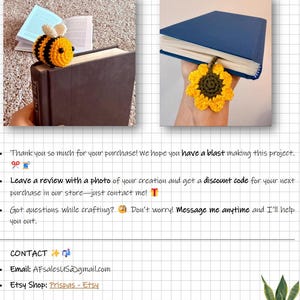 May include: Image features a crocheted bee bookmark on a book and a sunflower bookmark in a blue book. The text says "THANK YOU" and includes contact information for the Etsy shop Prispas - Etsy.