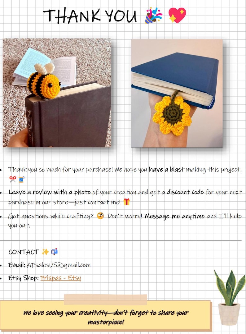 May include: Image features a crocheted bee bookmark on a book and a sunflower bookmark in a blue book. The text says "THANK YOU" and includes contact information for the Etsy shop Prispas - Etsy.