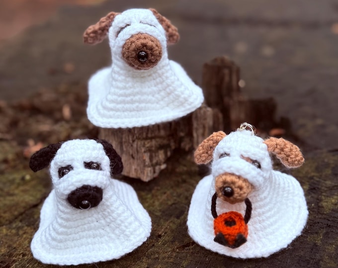 Crochet Ghost Dog Keychain | Halloween Amigurumi with Pumpkin Basket