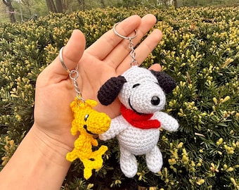 White Doggy and yellow bird Crochet Keychains | Keychain in pairs | Handmade keychain gift |Gifts for best friends | Snoopy inspired