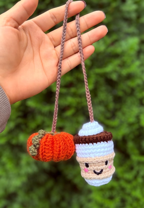 Crochet Pumpkin Spice Latte Car Charm | Crochet Rearview Mirror