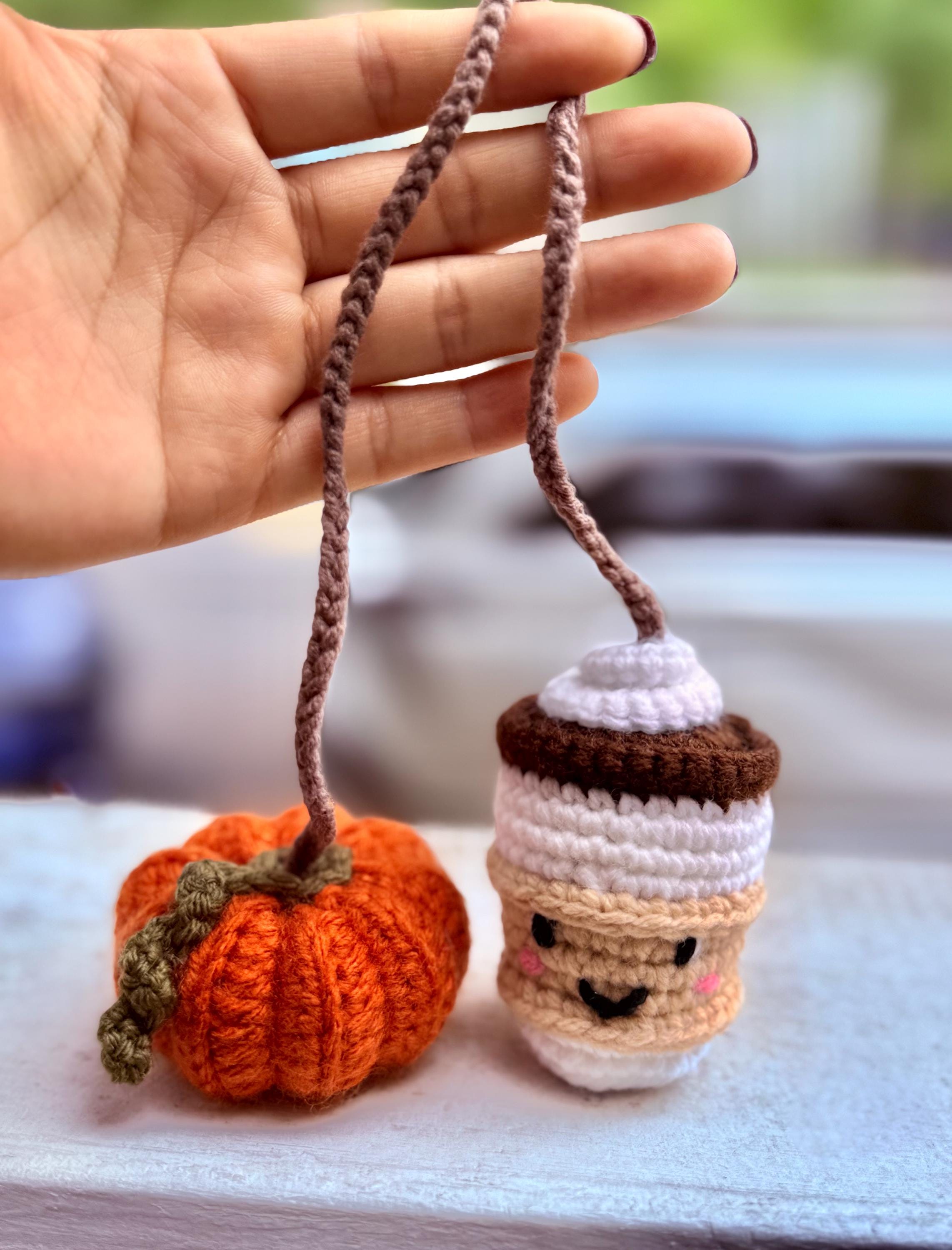 Crochet Pumpkin Spice Latte Car Charm | Crochet Rearview Mirror