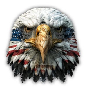 May include: A detailed illustration of a bald eagle's head, with feathers painted to resemble the American flag. The eagle's head is white, with brown eyes and a yellow beak. The flag design incorporates red and white stripes and blue with white stars.