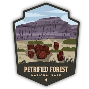 May include: A sticker featuring a landscape of the Petrified Forest National Park. The design includes a mountain range, petrified wood, and the park's name in a stylized font. The color palette includes shades of brown, purple, and green.