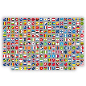 May include: A collection of circular flag designs from various countries, arranged in a grid pattern. Each flag is a unique design, featuring a variety of colors and symbols. The flags are set against a gray background.