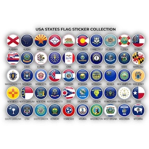 May include: A collection of glossy, circular stickers featuring the flags of all 50 U.S. states. Each sticker displays a state flag design with vibrant colors and intricate details, under the title "USA States Flag Sticker Collection."