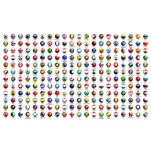 May include: A collection of 196 round, colorful, glossy spheres, each featuring a different country's flag. The flags are arranged in rows and columns, creating a visually appealing pattern.