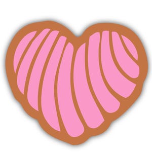 May include: A heart-shaped illustration of a concha, a traditional Mexican sweet bread. The design features a brown outline with pink, curved lines inside, resembling the bread's signature pattern. The image has a white background.