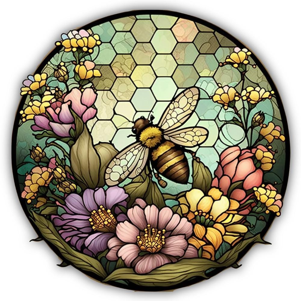 Stained Glass Art Bee Honeycomb Round Shaped Vinyl Matte Sticker Cut to Shape (Ocean, Gift, Animal)