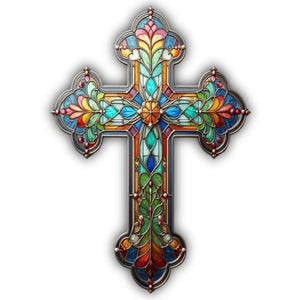 May include: A decorative cross with a stained glass design. The cross features a detailed pattern of colorful glass pieces in shades of blue, green, orange, red, and yellow, framed by a silver-colored border. The design includes floral and geometric elements.