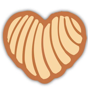 May include: A heart-shaped illustration of a concha, a traditional Mexican sweet bread. The design features a brown outline with a tan interior and tan, curved lines. The image is a digital illustration with a white background.