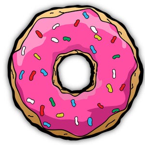 May include: A pink frosted donut with colorful sprinkles. The donut has a hole in the center and is surrounded by a brown, glazed outer ring.