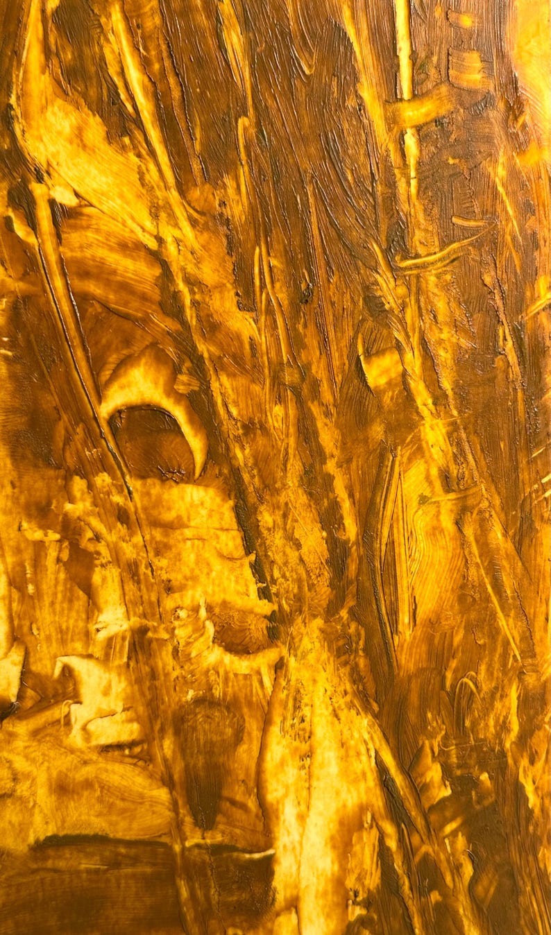 May include: Abstract artwork with a textured surface. The painting features a blend of golden yellow and brown hues, applied with visible brushstrokes. The artwork's composition is dominated by vertical and diagonal lines.