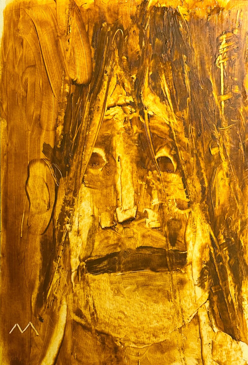 May include: Abstract oil painting on canvas, featuring a face with a prominent nose and dark, expressive eyes. The artwork uses a palette of warm, earthy tones, primarily shades of yellow and brown, with visible brushstrokes creating texture.