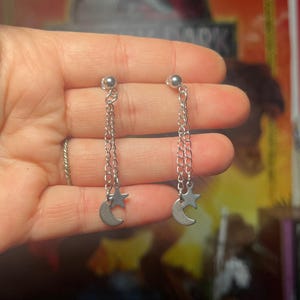 Handmade Celestial Moon and Star Chain Stud Earrings, Silver Titanium, Stainless Steel, Hypoallergenic, Jewellery Gift Ideas