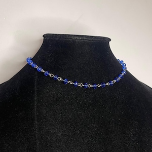 Handmade Sapphire Blue Glass Chain Necklace, Choker, Adjustable, Hypoallergenic, Stainless Steel, Silver Titanium, Jewellery Gift Ideas