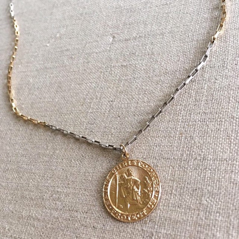 Christopher medallion necklace on mixed metal box chain Gold filled St