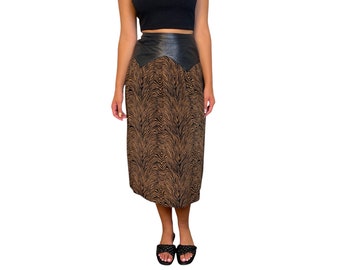 Vintage Brown and Black Abstract Print Silk Skirt With Leather Band