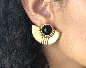 Vintage art deco inspired black and gold semicircle earrings