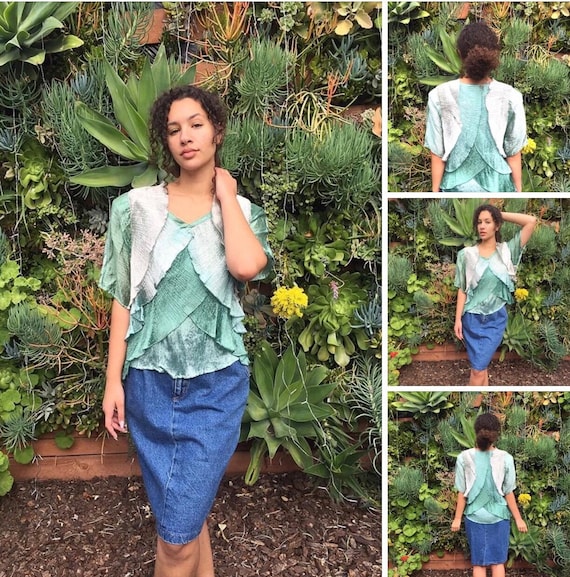 Vintage Green Ombre Pleated Blouse - image 5