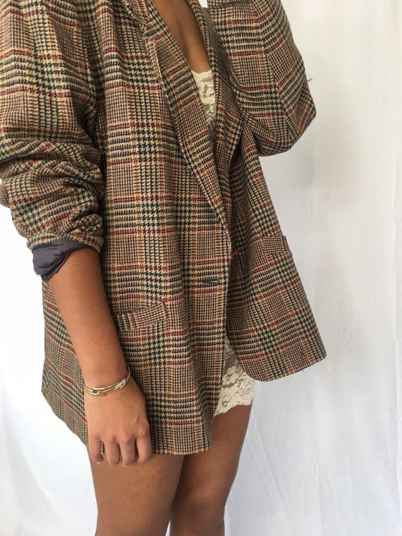 Vintage tan wool plaid houndstooth blazer