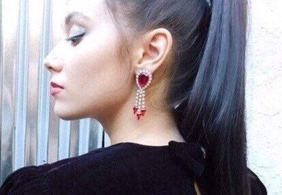 Vintage red and clear rhinestone clip on dangle ea