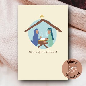 Tarjeta navideña con escena de la Natividad para descarga digital 4x6: María, José y el Niño Jesús en el pesebre Tarjeta cristiana minimalista, moderna y linda