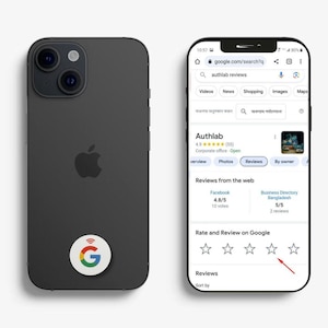 Puede incluir: Un teléfono inteligente gris oscuro con un sistema de cámara dual y una pegatina circular con el logotipo de Google en la parte posterior, junto a otro teléfono que muestra una página de resultados de Google para reseñas de Authlab.