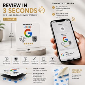 May include: A white 5x5 cm Google review sticker with the text "Review Us on Google." The sticker has a QR code and NFC chip for easy reviews. The image also shows a smartphone displaying the Google review page.