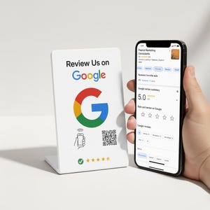 Könnte beinhalten: Ein weißes, rechteckiges Acrylschild mit dem Text Review Us on Google, einem großen Google G-Logo, einem Smartphone-Symbol, einem QR-Code und fünf gelben Sternen. Daneben befindet sich ein Smartphone, das eine Google-Bewertungsseite anzeigt.