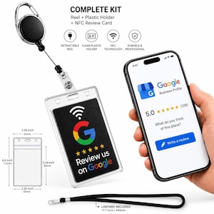 May include: A complete kit featuring a black retractable reel, a clear plastic holder, and an NFC review card. The card displays a Google logo and the text Review us on Google. A smartphone shows a Google Business Profile review page.