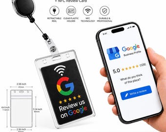 Google Review Badge Reel | NFC Review Card with Retractable Carabiner Clip | Employee Name Badge Holder | One Tap Review Tool