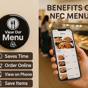 May include: A black circular sign with the text "View Our Menu" and a fork and knife icon. Below are icons and text: "Saves Time", "Order Online", "View on Phone", and "Save Items". A phone displays a menu with sushi and other dishes.