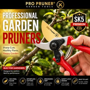 May include: Professional garden pruners with red handles and a gold blade. The image shows the pruners cutting a branch. Text on the image says "Sharp Cuts. Healthy Plants. Happy Garden."