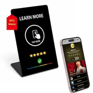 May include: Black NFC menu display with the text "LEARN MORE" and "TAP HERE". A smartphone displays a Taprocard interface. The display has a five-star rating and a checkmark. A red tag reads "NFC Menu".