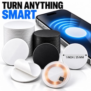 May include: A collection of circular NFC tags in white and black, each measuring 1 inch in diameter. The tags are stacked and displayed individually, with one showing the internal copper coil and microchip. Text reads TURN ANYTHING SMART.