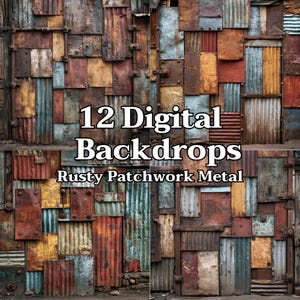 Rusty Patchwork Metal Digital Backdrop | Corrugated Iron Grunge Texture PNG | Industrial Steampunk Photo Overlay