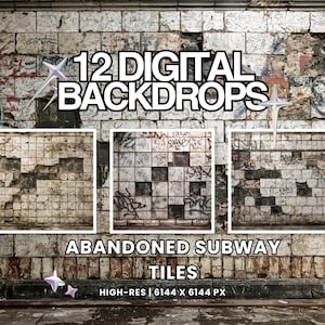 Abandoned Subway Tile Backdrop | Cracked Grunge Wall PNG | Dirty Graffiti Texture | Digital Background 1x1 | Toy Photography Diorama
