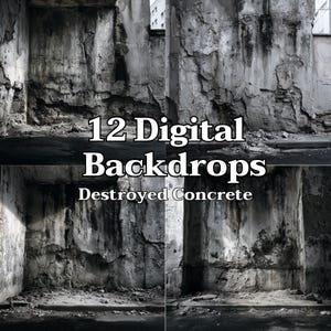 May include: A collection of 12 digital backdrops featuring high-contrast, black and white imagery of weathered, destroyed concrete walls with deep shadows, cracks, and crumbling textures, labeled with the text 12 Digital Backdrops Destroyed Concrete.