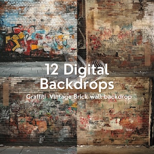 May include: A set of 12 digital backdrops featuring vintage brick walls with graffiti. The backdrops are perfect for adding a grunge or urban feel to your photos.