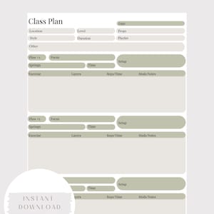 Peut inclure: Modèle de planificateur de cours de Pilates imprimable au format A5. Le modèle comprend des sections pour le lieu, le niveau, le style, la durée, la date, les accessoires, la liste de lecture, le numéro de flux, l'accent, les ressorts, l'exercice, les couches, les répétitions/temps, les modifications/notes et la configuration. Le modèle est de couleur vert clair.