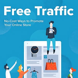 Può includere: Illustrazione di persone che usano un computer per promuovere il loro negozio online. Il testo sullo schermo recita "Traffico gratuito: Modi senza costi per promuovere il tuo negozio online".