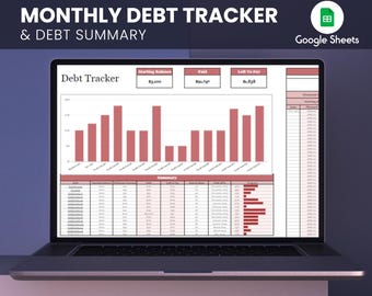 May include: A laptop screen displaying a Google Sheets spreadsheet titled "Monthly Debt Tracker & Debt Summary". The spreadsheet includes a bar graph showing debt amounts, a table with debt categories, and a section for tracking payments.